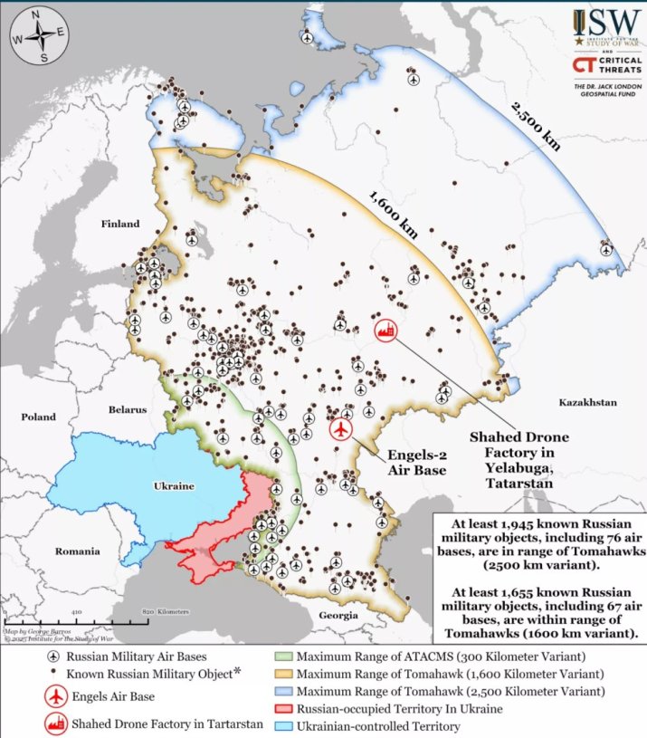 Obiective militare și de securitate ruse aflate în raza de acțiune a rachetelor de croazieră Tomahawk pe teritoriul Federației Ruse (Evaluarea terenului la data de 3 octombrie 2025)