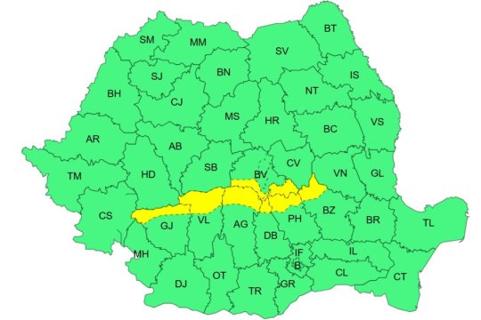 Cod galben de ploi torențiale în zonele montane a șapte județe. ANM a emis un avertisment de vreme severă și ploi în aproape toată țara