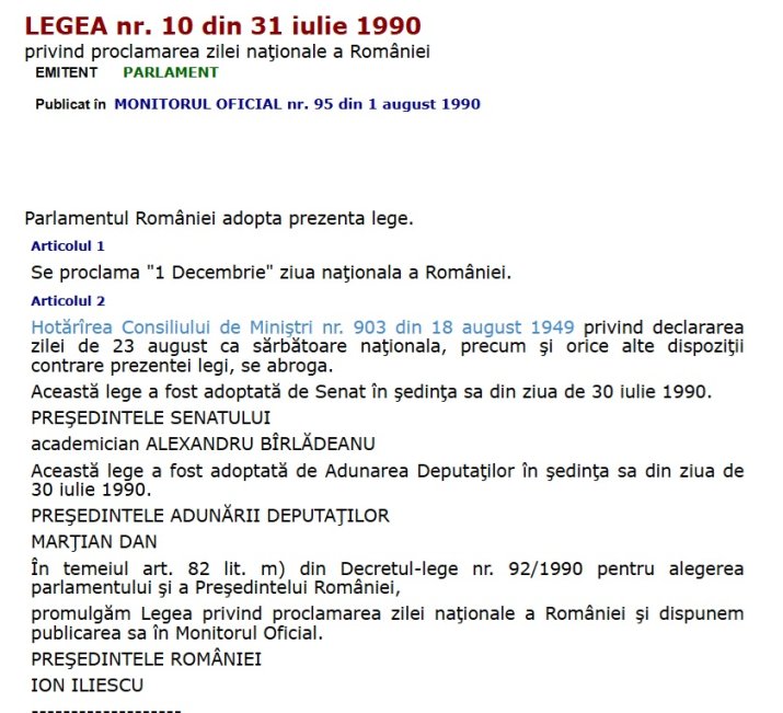 Legea 10/1990 prin care 1 Decembrie a devenit Ziua Națională a României
