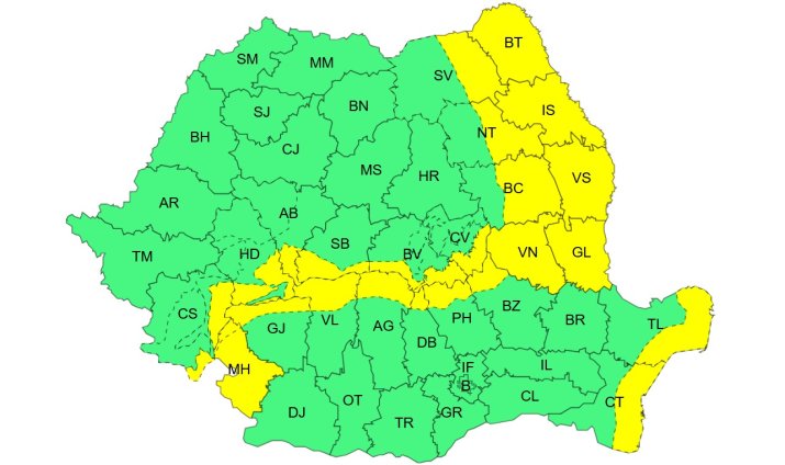 Atenționare meteorologică de Cod Galben, interval de valabilitate: 26 decembrie, ora 14 – 27 decembrie, ora 16
