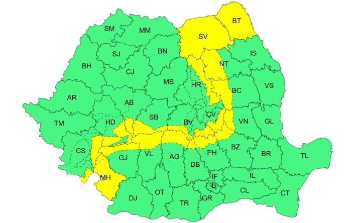Atenționare meteorologică de Cod Galben, interval de valabilitate: 27 decembrie, ora 16 – 28 decembrie, ora 02
