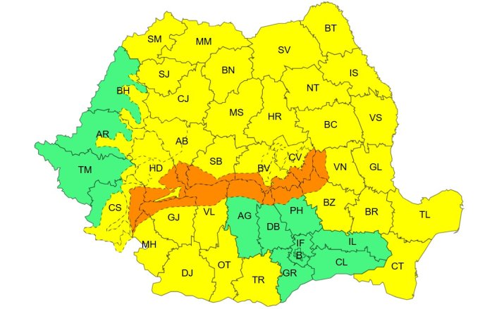 Atenționare meteorologică de Cod Galben și Portocaliu, interval de valabilitate: 28 decembrie, ora 02 – 29 decembrie, ora 10