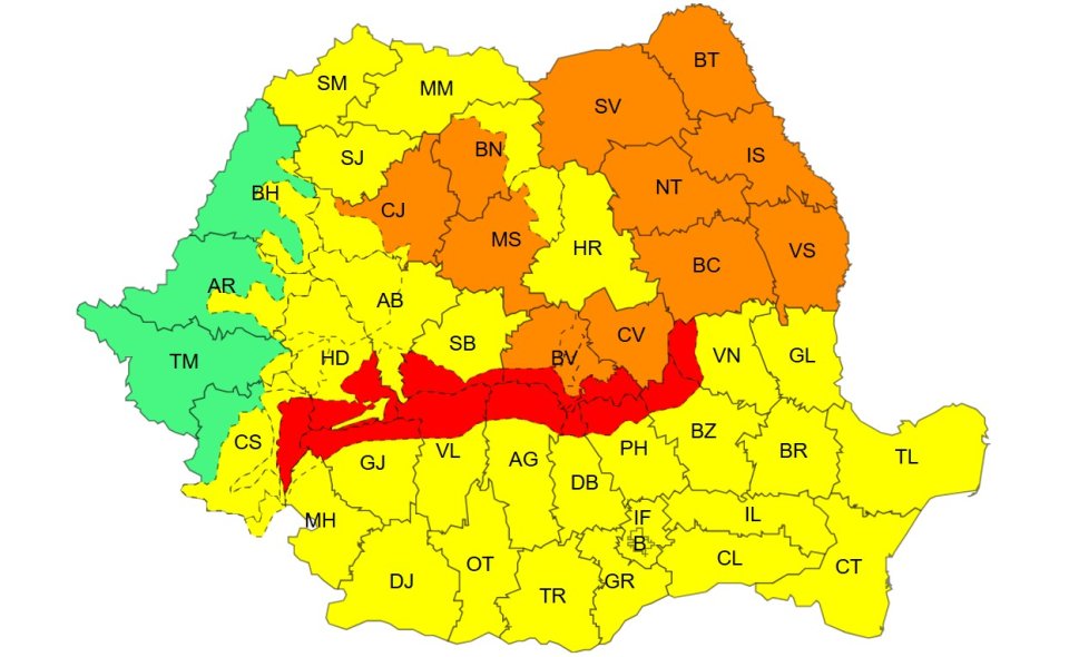 Atenționare meteorologică de Cod Galben, Portocaliu și Roșu, interval de valabilitate: 28 decembrie, ora 10 – 29 decembrie, ora 10