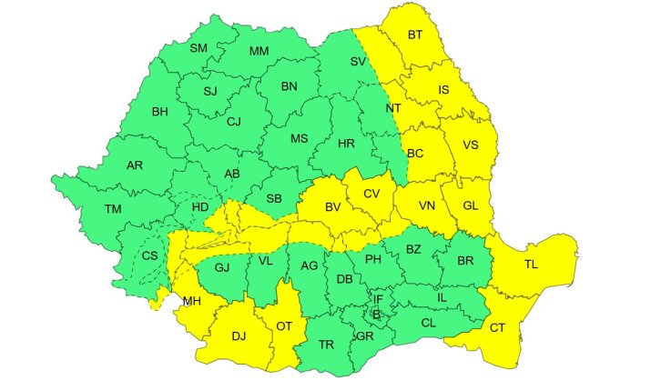 Atenționare meteorologică de Cod Galben, interval de valabilitate: 29 decembrie, ora 10 – 29 decembrie, ora 23