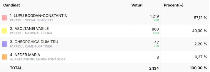 Rezultatele finale ale alegerilor din comuna Vânători din județul Iași, după centralizarea a 100% din voturi