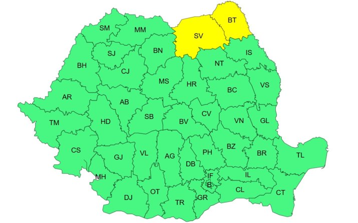 Atenționare meteorologică de Cod Galben, interval de valabilitate: 10 ianuarie, ora 10:00 – 10 ianuarie, ora 20:00
