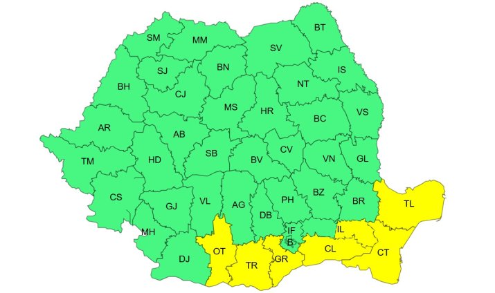 Atenționare meteorologică de Cod Galben, interval de valabilitate: 10 ianuarie, ora 20:00 – 11 ianuarie, ora 12:00