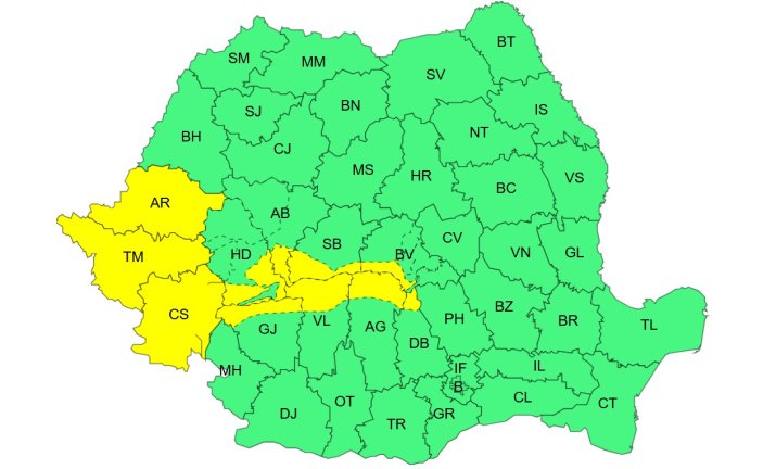 Atenționare meteorologică de Cod Galben, interval de valabilitate: 25 ianuarie, ora 14:00 – 26 ianuarie, ora 08:00