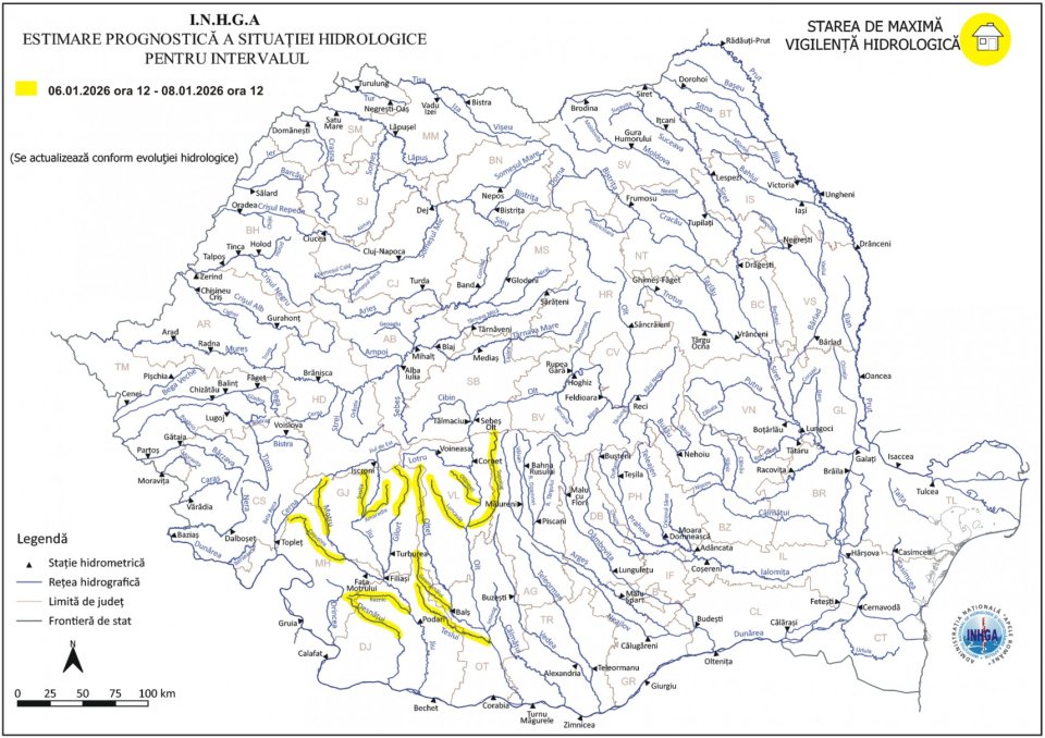Harta atenționării emise de Institutul Național de Hidrologie și Gospodărire a Apelor, București