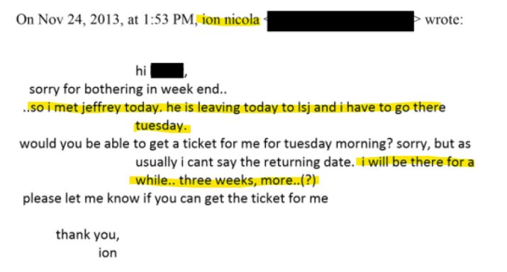 Mail trimis de Ion Nicola în care cere un bilet de avion către insulele lui Jeffrey Epstein. 24 noiembrei 2013