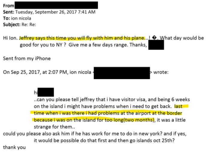 Schimb de mailuri în care Ion Necula spune că a petrecut două luni pe insulă, iar răspunsul este că poate zbura cu Jeffrey Esptein în avionul său