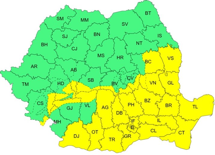 Harta județelor aflate sub cod galben de ninsori și viscol