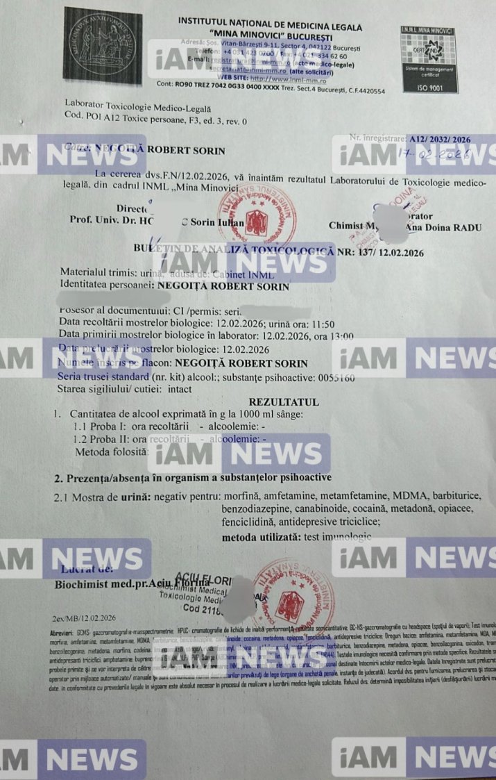 Rezultatul analizei toxicologice a lui Robert Negoiță