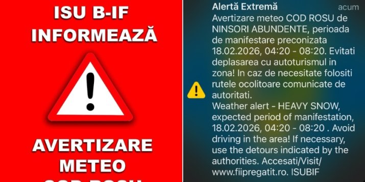 Mesajul RO-ALERT trimis de ISUBIf pentru codul roșu de ninsori în București