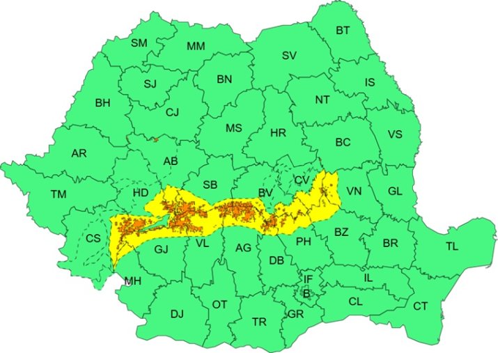Harta județelor avertizate cu cod portocaliu și cod galben de ninsori și viscol