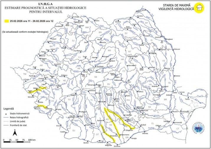 Harta județelor aflate sub avertizare cod galben de inundații