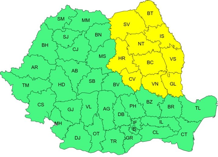 Harta județelor avertizate cu cod galben de ger