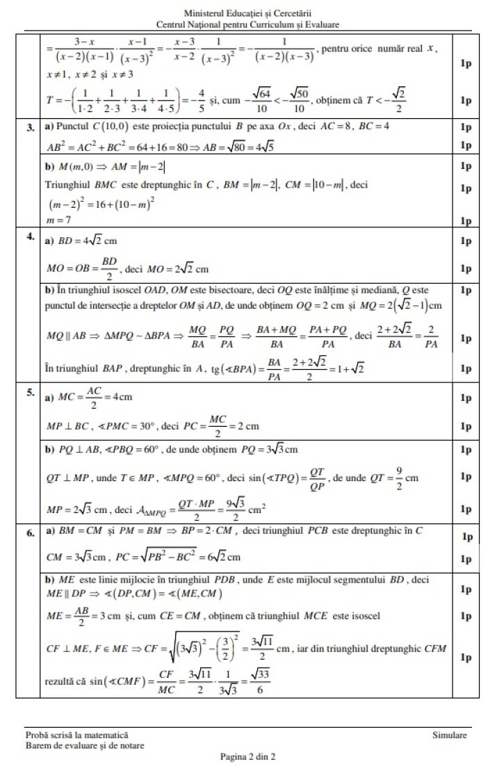 Barem de evaluare și notare la proba de matematică de la simularea Evaluării Naționale 2026