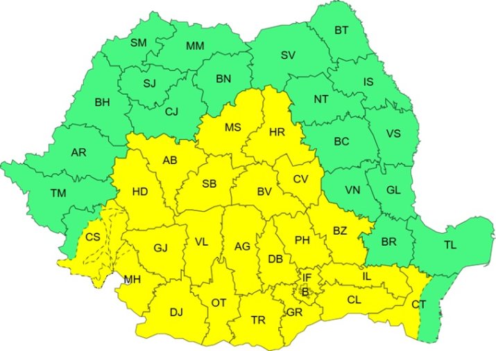 Avertizare cod galben de ploi și vânt