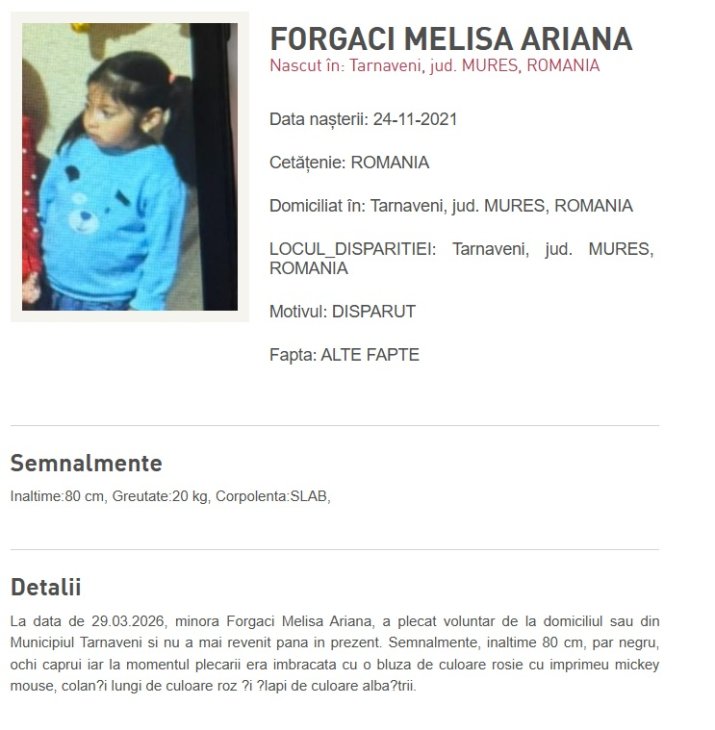 Fetiță dispărută din Târnăveni