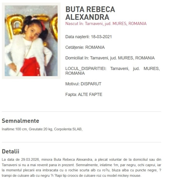 Fetiță dispărută din Târnăveni