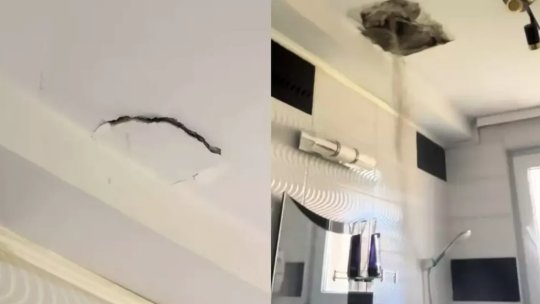 A rămas fără tavan în baie din cauza lucrărilor vecinilor. Momentul surprins în timp ce făcea duș a devenit viral
