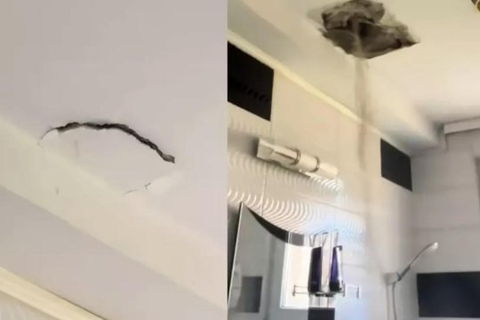 A rămas fără tavan în baie din cauza lucrărilor vecinilor. Momentul surprins în timp ce făcea duș a devenit viral