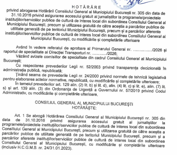 Hotărârea CGMB din aprilie 2026 pentru ridicarea gratuității parcării pentru jurnaliști