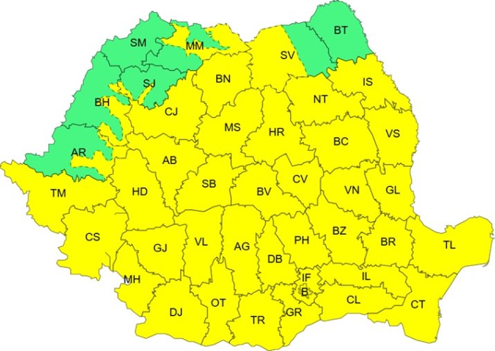 Avertizare cod galben de ploi și vijelii
