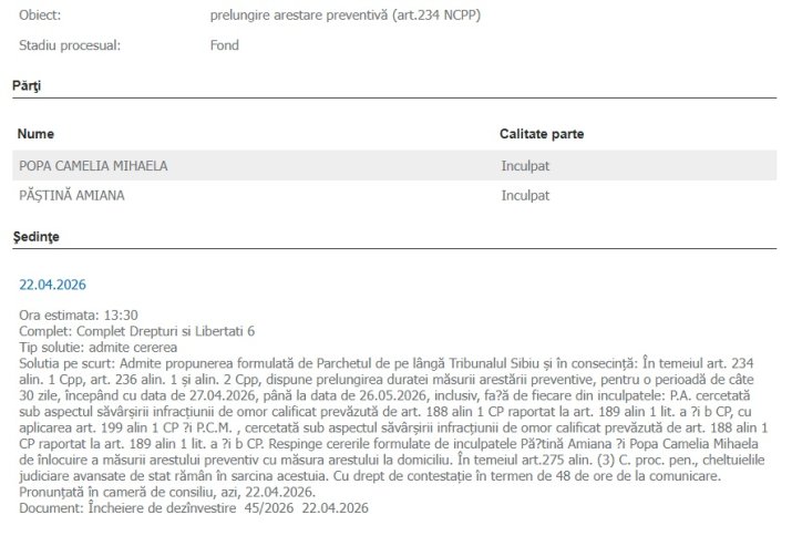 Decizia Tribunalului Sibiu de prelungire a arestării femeii care și-a ucis mama