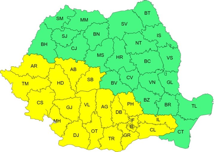 Avertizare cod galben de ploi și vijelii